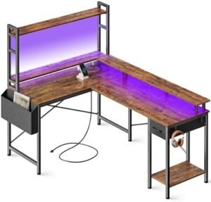 L Shaped Desk Computer Desk with LED Lights & Power Outlets, Gaming Desk with Storage Shelves, Corner Desk Home Office Desks for Bedroom, Rustic Brown