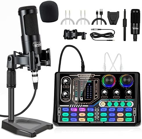 Mixer sound card, broadcast equipment bundles, professional DJ audio interface mixers for live streaming, recording songs and game playing, portable podcast production studio with XLR microphone