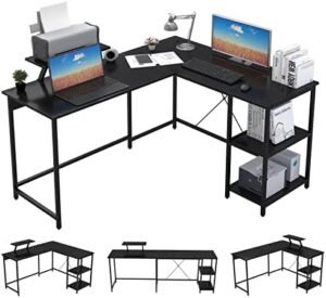 OUTFINE 55” L Shaped Desk Corner Desk Double Computer Desk Home Office Gaming Workstation with Storage Shelves and Monitor Stand