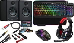 PreSonus Pair of Eris E3.5 3.5″ 2-Way 25W Nearfield Monitors with Multimedia Keyboard, Optical Mouse, Mouse Pad & Headset Kit for Gamers, Music Creators & Home Studio Recording (RGB Backlight)