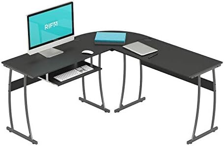 RIF6 L-Shaped Computer Desk – 59.4″ Home Office Corner Desk with Adjustable Keyboard Tray – Durable Black Surface Study Table for PC Laptop Gaming and Writing – with Sturdy Adjustable Steel Legs