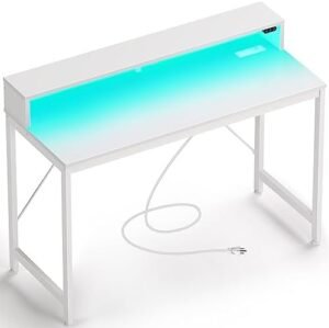 Rolanstar Computer Desk 47 inch with LED Lights & Power Outlets, Home Office Desk with Monitor Shelf, Gaming Desk, Writing Desk, Study Desk for Student & Kids, White