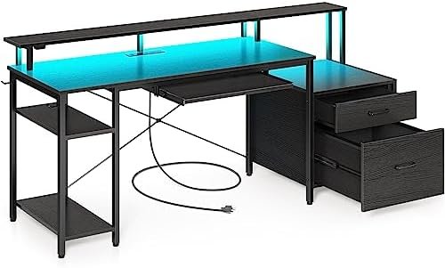 Rolanstar Computer Desk 63″ with File Drawer, Gaming Desk with LED Light & Power Outlets, Home Office Desk with File Cabinet & Storage Shelves, with Monitor Stand & Keyboard Tray, Black