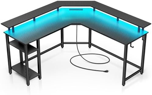 Rolanstar L Shaped Gaming Desk with LED Lights & Power Outlets, 56″ Computer Desk with Full Monitor Stand & Storage Shelf, Corner Desk with Hooks, Carbon Fiber Desk Reversible