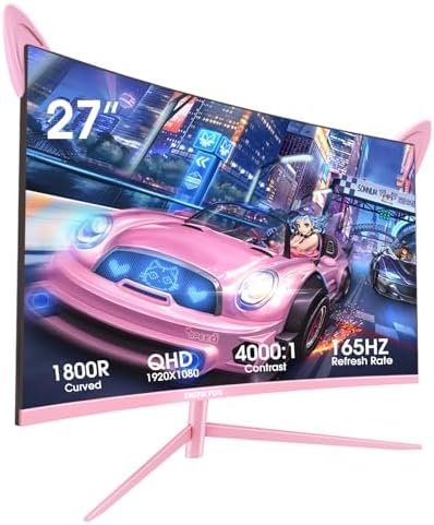 SNOW FOX Pink 27 inch Curved 1800R Computer Monitor FHD 1080P VA Panel Gsync Gaming Monitor High Refresh Rate Support 165HZ -144HZ with Speakers Built in Crosshair and AMD FreeSync Premium