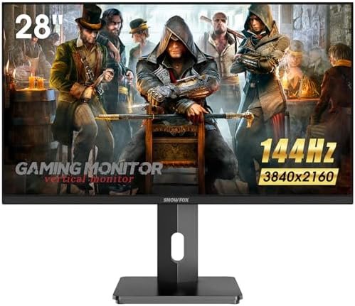 Snowfox 28 Inch 4K UHD 144Hz Gaming Monitor, HDMI 2.1/DP1.4, HDR400, AAS Panel, Split-Screen,Vertical Computer Monitor, AMD FreeSync, 400cd/M2, 100% SRGB, Tilt/Height/Rotating, VESA Mount, Eye Care