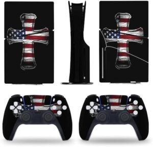 Sticker Skin for PS5 Slim Disc American Flag Cross Skin Console Controller Accessories Cover Skins Anime Vinyl Cover Sticker Full Set for Playstation5 Slim Disk Edition