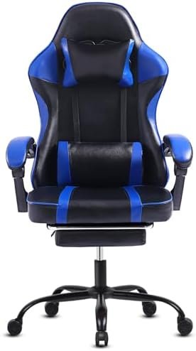 Video Gamer Chair with Footrest, Gaming Chair for Kids Computer Chair Gaming Support Lumbar Office Chair 360° Swivel Seat, Height Adjustable Gamer Chair PU Leather (Blue)