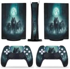 Wolf Forest Night Moon for PS5 Skin Console and Controller Accessories Cover Skins Anime Vinyl Cover Sticker Full Set for Playstation5 Digital Version