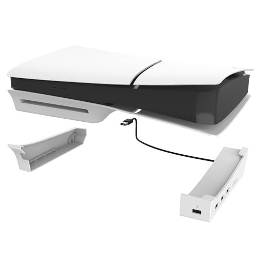 YipuVR Horizontal Stand for PS5 Slim,Base Stand Accessories for Playstation 5 Slim Disc & Digital Edition with 4-Port USB Hub,PS5 Slim Holder with 3 Charging Port & 1 Fast Charging for Contoller