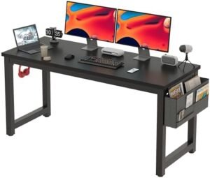 63 Inch Large Computer Desk Writing Study Work Office Table Home Office Desk Moderm Gaming Desk Simple Workstation with Storage Bag and Iron Hook – Black