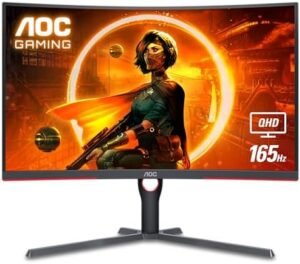 AOC CQ32G3SU 32″ Curved Frameless Gaming Monitor, 2K QHD 2560×1440, 165Hz 1ms, AMD FreeSync Premium, Height adjustable, 2X HDMI 2.0, 1x Display Port, Xbox/PS5/Switch Ready, Refurbished