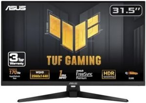 ASUS TUF Gaming 31.5” 1440P HDR Monitor (VG32AQA1A) – QHD (2560 x 1440), 170Hz, 1ms, Extreme Low Motion Blur, FreeSync Premium, DisplayPort, HDMI, HDR-10, Shadow Boost, VESA Wall Mountable (Renewed)