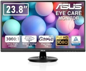 ASUS VA249HE 23.8” FHD 1080P Gaming Monitor, Ultra-Slim Bezel, Ultra-low Blue Light, 178° Viewing Angle, 3000:1 Contrast Ratio, Flicker-Free, HDMI, VGA, Eye Care, sRGB, Black, USB Cable