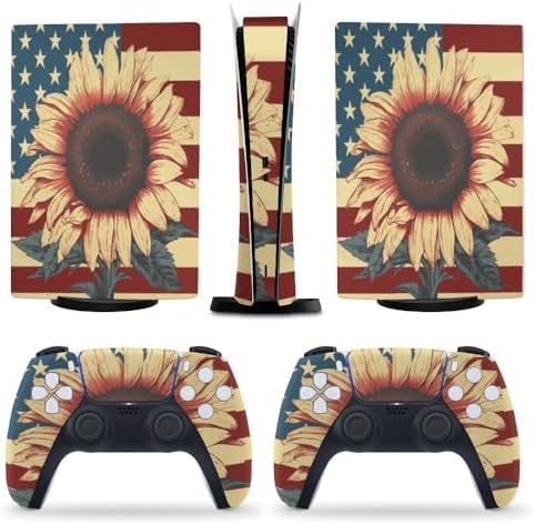 American Flag Sunflower for PS5 Skin Console and Controller Accessories Cover Skins Anime Vinyl Cover Sticker Full Set for Playstation5 Digital Version