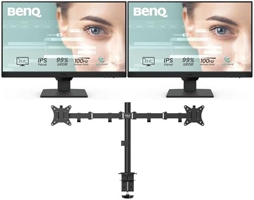 BenQ GW2490 100Hz Gaming Computer Monitor 24″ FHD 1920x1080p, IPS, Eye-Care Tech, Low Blue Light, Anti-Glare, Adaptive Brightness, Built-in Speakers, DisplayPort, HDMI + H&A Heavy Dual Monitor Stand