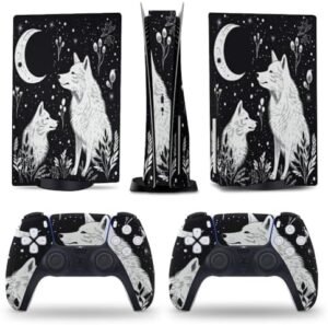 Black White Wolf for PS5 Skin Console and Controller Accessories Cover Skins Anime Vinyl Cover Sticker Full Set for Playstation5 Disc Edition