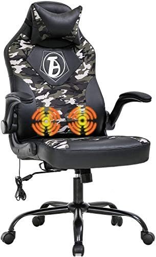 Camo PC Gaming Chair Ergonomic Racing Leather Office Chair Video Game Chair, Massage Function Lumbar Support with Flip Up Arms & Headrest Nice Chic Desk Chair, Adjustable Best Home Game Office Chair