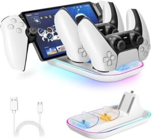 Charging Stand for Playstation Portal, Portable Charging Dock for PS Portal Remote Player & PS5 Controller with 14 RGB Light & Type-C Cable,3-in-1 Charge Base Holder for Playstation Portal Accessories