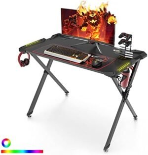 DESIGNA 44” Gaming Desk with Led Lights, X-Shaped Computer Gaming Desk Home Office PC Computer Table, Gamer Table with Mouse Pad Handle Stand Cup Holder Headphone Hook, Black