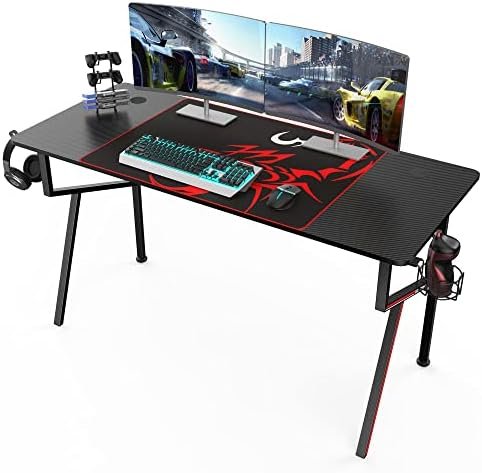 DESIGNA 55” Gaming Desk, K-Shape Computer Desk with Mouse Pad, Cup Holder, Headphone Hook, Controller Stand, Gamer Workstation for Home Office, Carbon Fiber, Carbon Fiber Desktop, Black