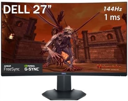 Dell S Series 27″ Full HD (1920 x 1080) 144Hz Curved Screen Gaming Monitor, 1ms, G-Sync and AMD FreeSync Compatible (DisplayPort, HDMI), 3-Side Virtually Borderless Screen, Black