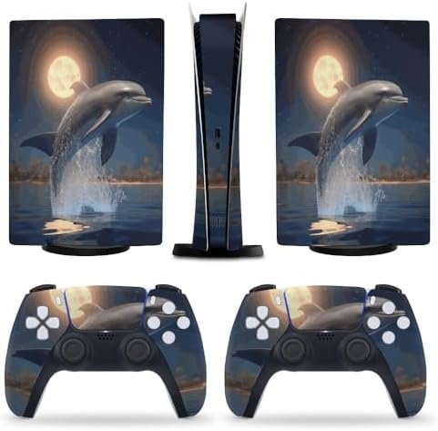 Dolphin Jumping Water Moon for PS5 Skin Console and Controller Accessories Cover Skins Anime Vinyl Cover Sticker Full Set for Playstation5 Digital Version