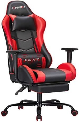 ECOTOUGE PC Massage Gaming Chair with Footrest Ergonomic Office Desk Chair Adjustable Massage Lumbar Cushion and Headrest, Red