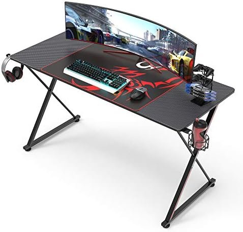 EE EUREKA ERGONOMIC 55 inch Gaming Desk,Gaming Computer Desk X Shaped, PC Gaming Table Carbon Fiber Surface with Large Mouse Pad, Controller Race, Headphone Hook,Socket Holder,Black