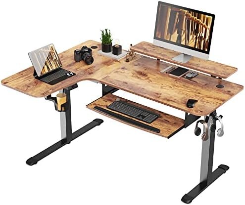 EUREKA ERGONOMIC Standing Desk with Keyboard Tray, Computer Desk, 61″ L Shaped Electric Adjustable Height Desk w Monitor Stand LED, Corner Sit Stand Desk Gaming Desk, Dual Motor,Left/Rustic Brown