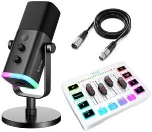 FIFINE Gaming Streaming Equipment Set with Mixer, Dynamic Microphone, XLR Cable for Podcast Recording, XLR/USB Vocal Mic with RGB Light, Desktop Stand, PC Mixer with Slider Fader for Video/Game Voice