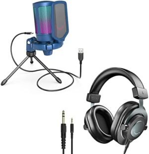 FIFINE Gaming USB Microphone, Studio Monitor 3.5mm/6.35mm Headphones, PC Condenser Cardioid Mic with RGB Gamer Streaming Mic, Closed-Back Design Headphones, for Video Vocal Recording-Blue (A6B+H8)