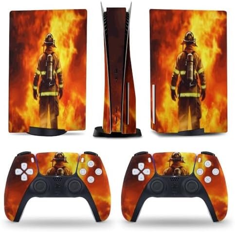 Firefighter Standing Front Fire for PS5 Skin Console and Controller Accessories Cover Skins Anime Vinyl Cover Sticker Full Set for Playstation5 Disc Edition