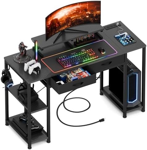 GIKPAL Gaming Desk with Drawers, 47 inch Computer Desk with Storage and Shelves, Home Office Small Desks with Power Strip, Carbon Fiber Black Wooden Desk