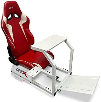 GTR Simulator GTA Model White Frame with Adjustable Red White Leatherette Racing Seat Racing Driving Gaming Simulator Cockpit Chair