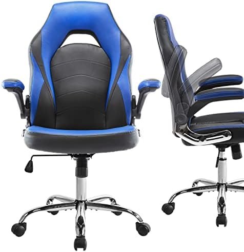 Gaming Chair Ergonomic High Back Computer Chair Height Adjustable Desk Chair with Flip-up Armrest Faux PU Leather Chair, Blue