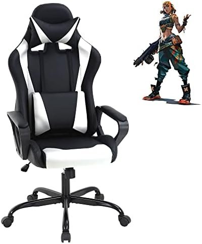 Gaming Chair High Back Computer Chair Racing Office Chair with Lumbar Support, Ergonomic PU Leather Gaming Desk Chair Swivel Rolling Task Game Chair for Home Office – White