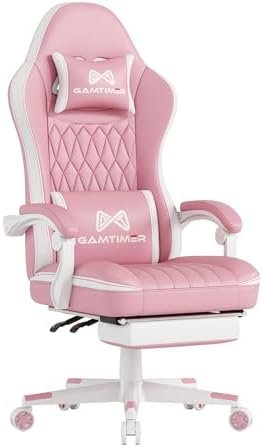 Gaming Chair, Video Game Chair with Footrest and Lumbar Support, Breathable PU Leather, Ergonomic Computer Chair, Height Adjustable with 360° Swivel Chair, silla gamer for Adults (Pink)