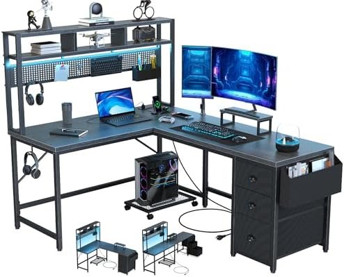 Gaming Desk Computer Desk with Pegboard & Shelves Large L Shaped Desk with Drawers, Gaming Desk with Power Outlet & LED & Monitor Stand & Mobile CPU Stand, Corner Deck for Home Office Black