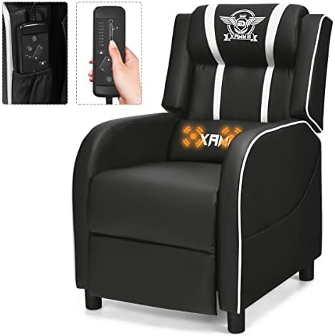 Gaming Recliner, Movie Theater Chair w/Adjustable Backrest & Footrest, Massage Lumbar Pillow, Racing Single Sofa, PU Leather Reclining Chair for Gaming Room, Home Theater (White)