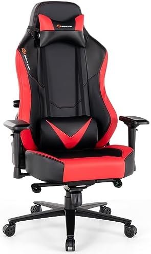 Goplus Gaming Chair, 360° Swivel Computer Chair with Casters, Multi-angle Reclining, Tension Control, 4D Armrest, Headrest, Gas Lift, Height Adjustable Game Chair for Office, Bedroom, Gray (Red)