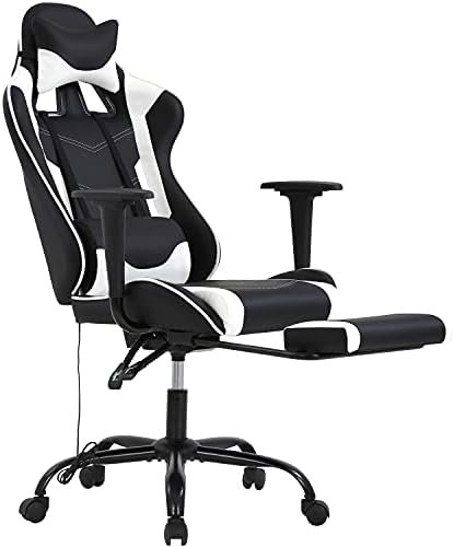 HCY High Back Gaming Chair Ergonomic Racing Style Gaming Chair with Footrest, Headrest and Lumbar Support Height Adjustable PU Leather Office Chair for Adults, White