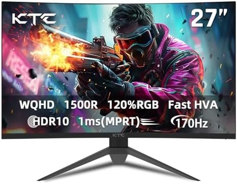 KTC 27 inch Curved Gaming Monitor, 170Hz 1ms MPRT, 2K 1440P 144Hz Monitor, 1500R HVA Display, FreeSync Premium, HDR, 120%sRGB, DisplayPort/HDMI/USB, Vesa Support 3.9×3.9”, Computer Monitor for Gamers