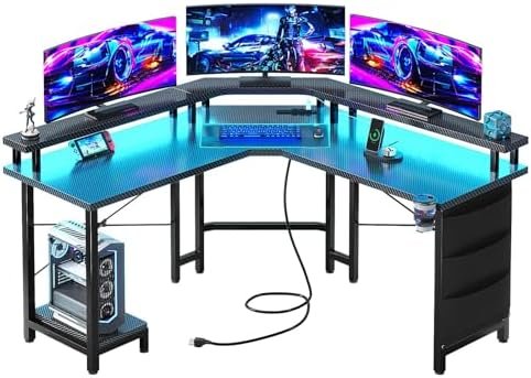 L Shaped Gaming Desk with LED Lights & Power Outlets, 51″ Corner Computer Desk with Full Size Monitor Stand, Storage Bag & CPU Stand for Home Office, Black Carbon Fiber