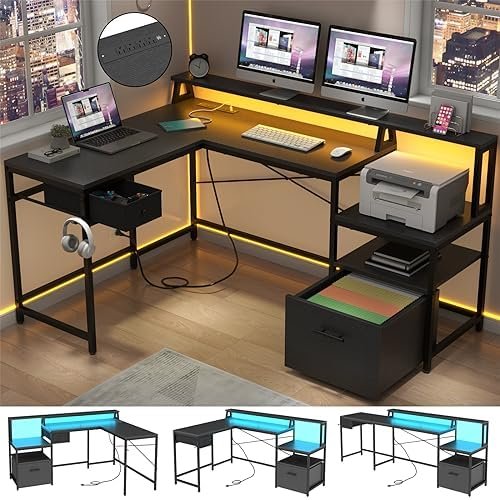 Loomie L Shaped Computer Gaming Desk with File Cabinet & Power Outlet, 66″ Reversible Home Office Desk with LED Lights, Printer Storage Shelf, Drawer, Monitor Stand & Hook, 94″ Two Person Desk, Black