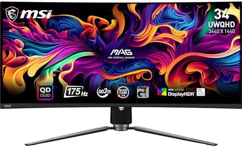 MSI MAG 341CQPX QD-OLED 34-inch Curved OLED Gaming Monitor, 3440 x 1440 (UWQHD), 0.03ms Response time, 240Hz, True Black HDR 400, HDMI, DP Port, USB Type C, Tilt, Height Adjustable