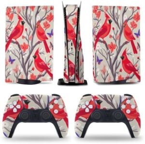 Red Birds Cherry Flowers for PS5 Skin Console and Controller Accessories Cover Skins Anime Vinyl Cover Sticker Full Set for Playstation5 Disc Edition