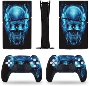 Sticker Skin for PS5 Slim Digital Edition Blue Fire Skull Cool Skin Console Controller Accessories Cover Skins Anime Vinyl Cover Sticker Full Set for Playstation5 Slim Digital Edition