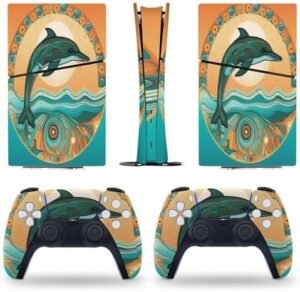 Sticker Skin for PS5 Slim Digital Edition Dolphin Jumping Waves Sunset Skin Console Controller Accessories Cover Skins Anime Vinyl Cover Sticker Full Set for Playstation5 Slim Digital Edition