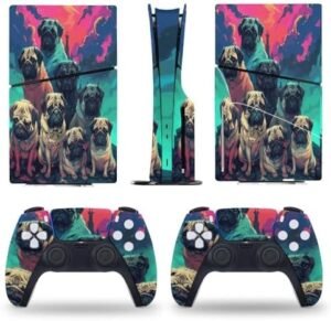 Sticker Skin for PS5 Slim Disc Colorful Pug Dogs Funny Skin Console Controller Accessories Cover Skins Anime Vinyl Cover Sticker Full Set for Playstation5 Slim Disk Edition